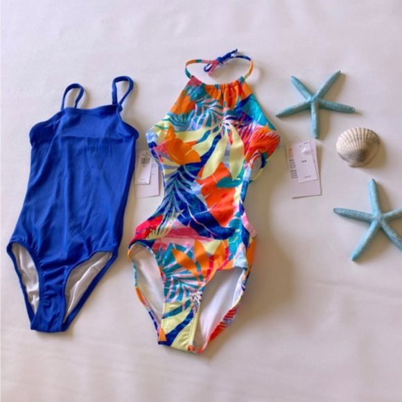 Old Navy | Girls Printed Halter Cut Out Ribbed Style One-Piece Swimsuit 2-Pack - Picture 4 of 15
